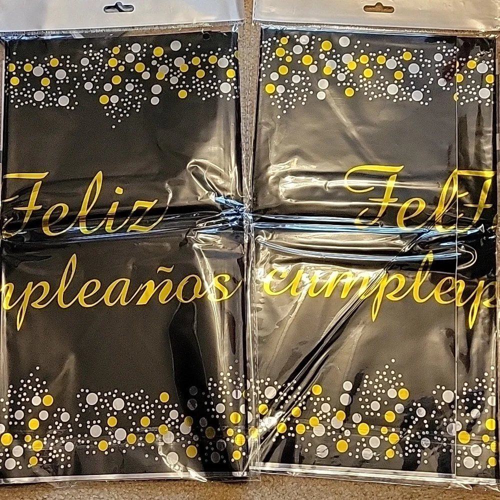 Feliz Cumpleaños Plastic Tablecloths New Set of 2 Black Gold Silver 54x72